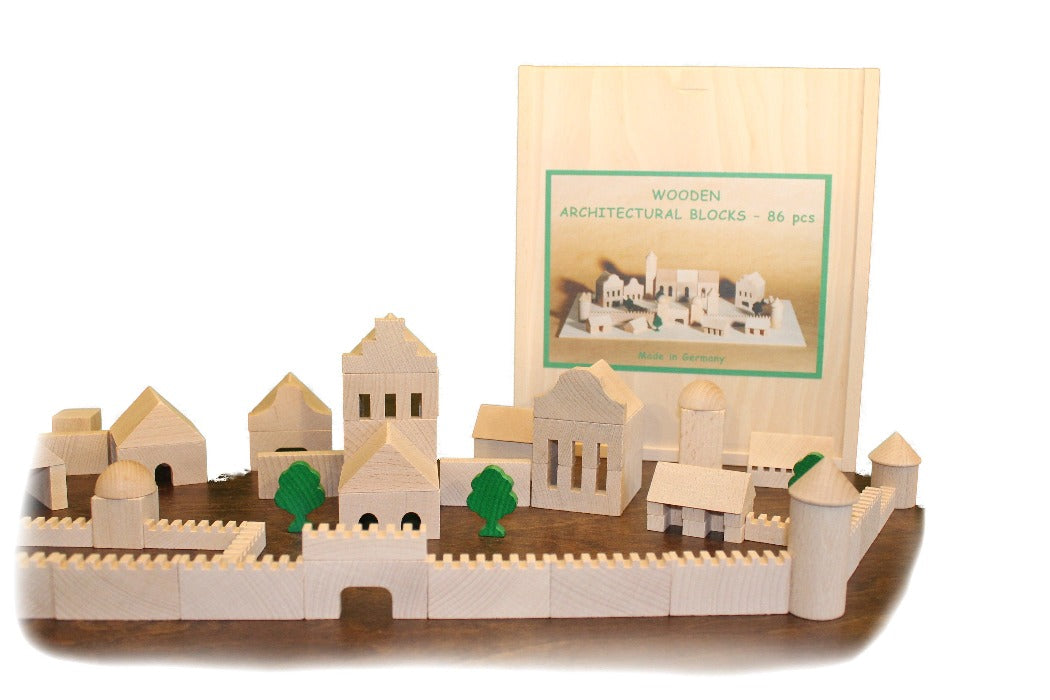 Wooden building blocks village design assembled