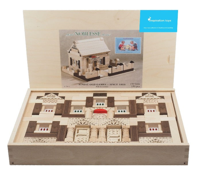 Wooden Construction toys wooden house assembled open box.