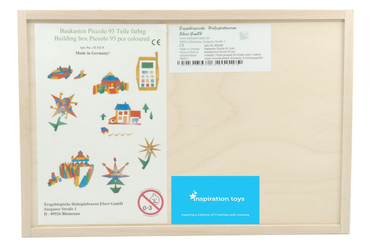 Wooden geometric puzzle Piccolo back of box.