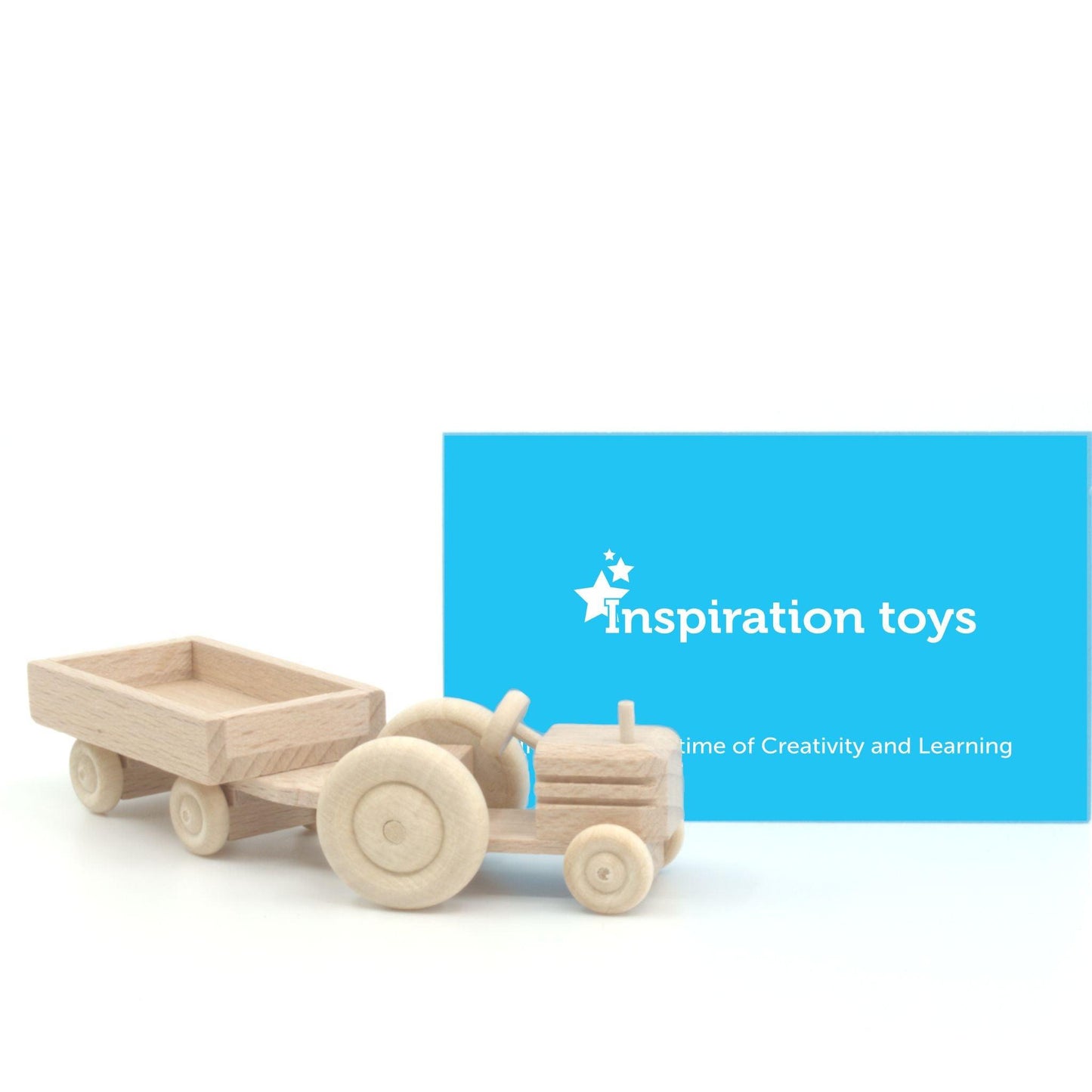 Wooden toy tractor natural wood trailer connected