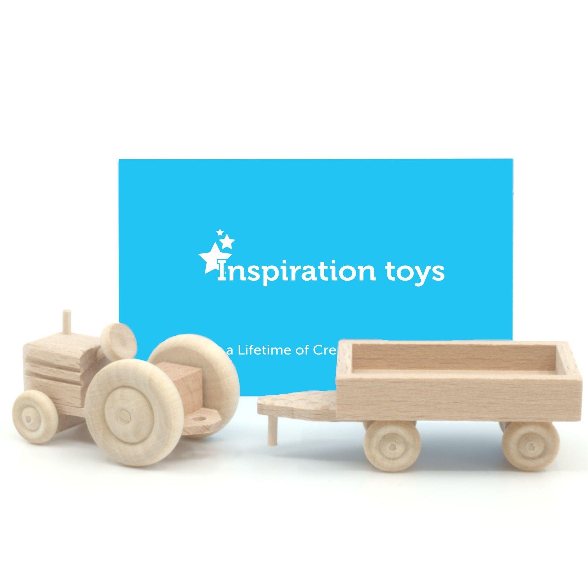 Wooden toy tractor natural wood trailer disconnected