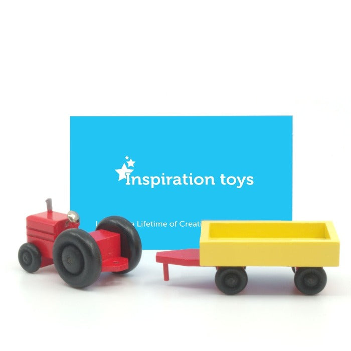Wooden toy tractor red and yellow trailer disconnected