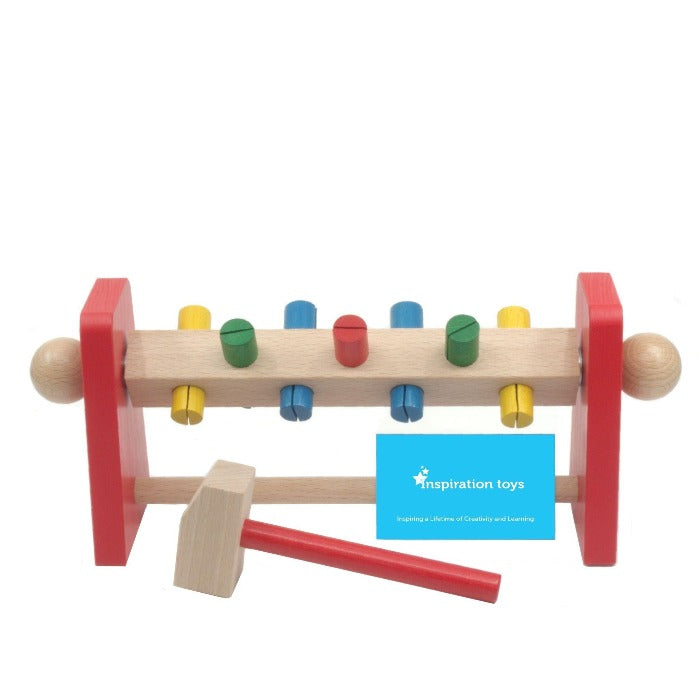 Wooden Toy Hammering Wheel with Hammer and Pegs Rotated