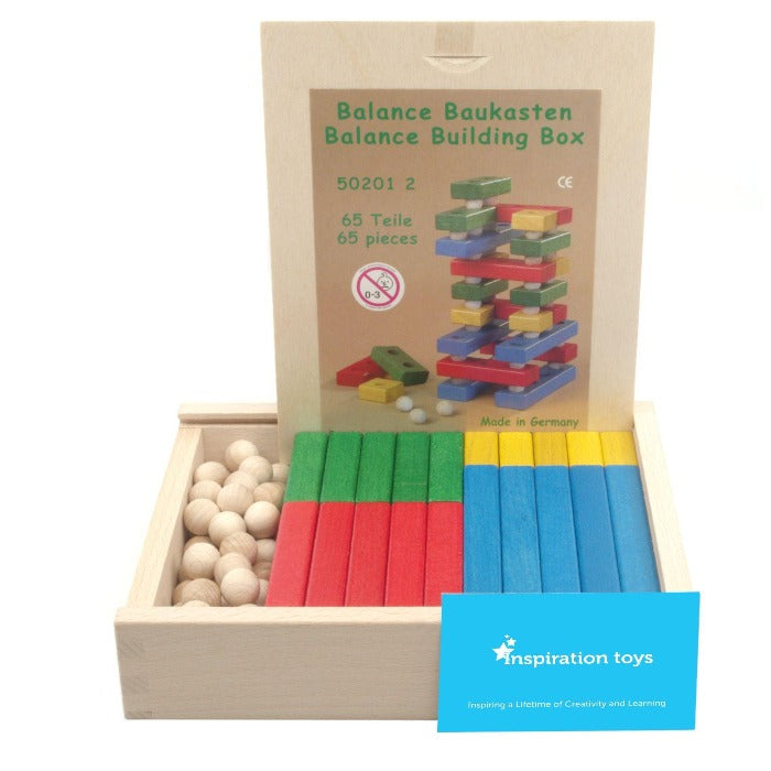 Wooden balance blocks and balls stacking set contents