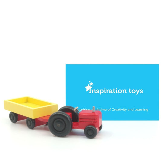 Wooden toy tractor red and yellow trailer connected
