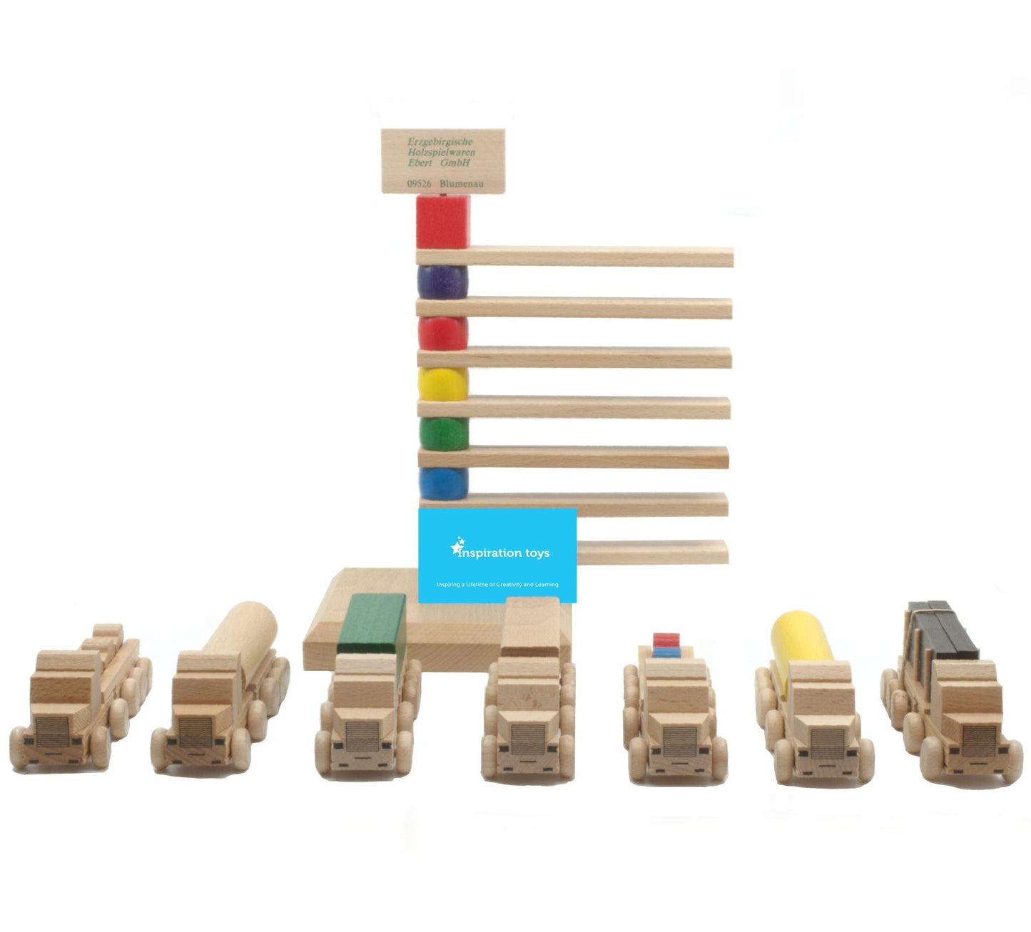 Wooden toy truck collection off stand